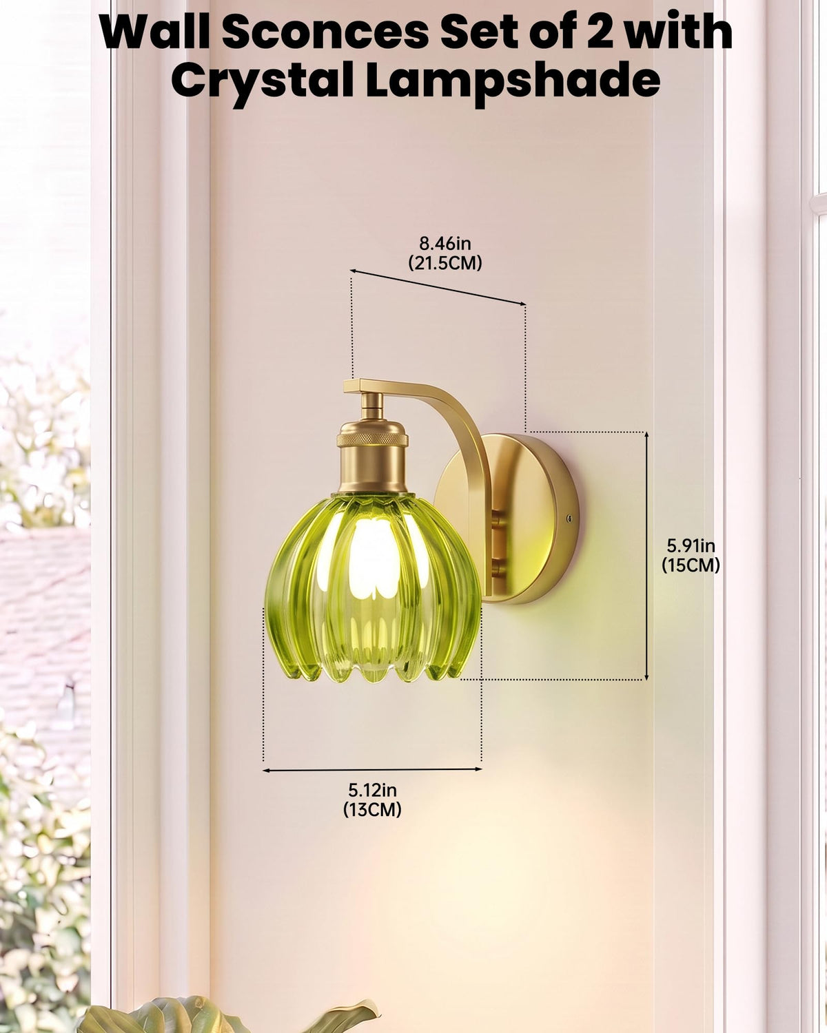 Vintage Brass Hardwired Wall Sconces with Green Tulip Glass Shade (Green)