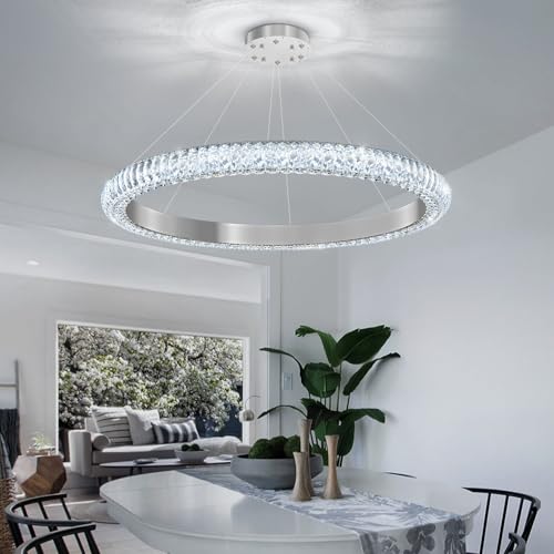 31.5" 1 Ring Crystal Chandelier Modern LED Dimmable Ring Pendant Light Chandelier for Dining Room Living Room Silver (Silver / 1 Ring Round 32")