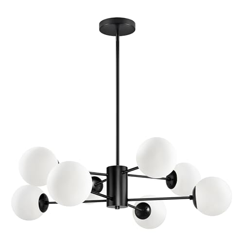 5 Light Globe Sputnik Chandelier Mid Century Sputnik Chandeliers Modern Black Globe Pendant Light Matte Black Finished with White Frosted Glass Lampshade for Dining Room Bedroom Kitchen