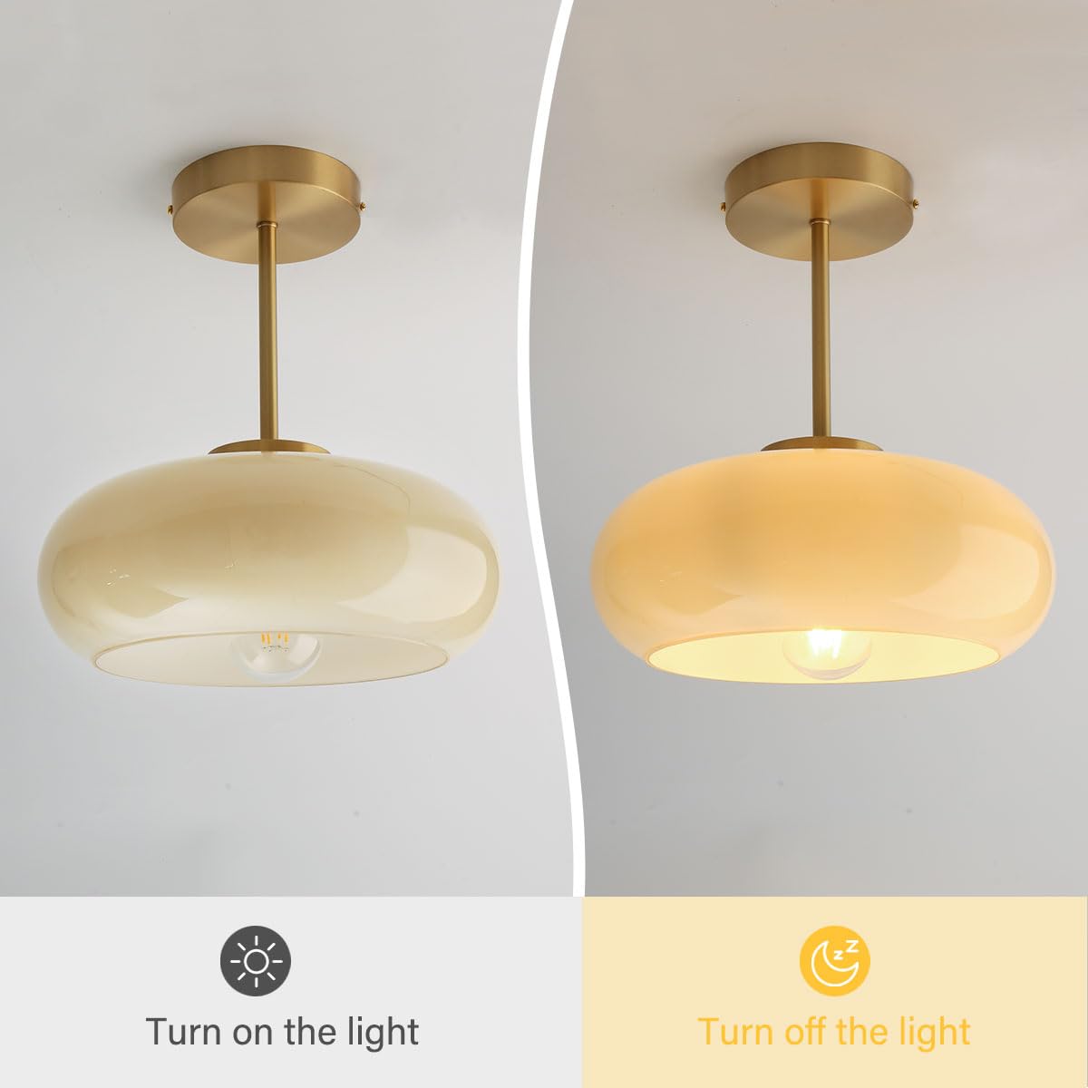 Mid Century Ceiling Light Fixtures Milk Glass Ceiling Lights Round Milk Yellow Shade Gold Brass Semi Flush Mount Ceiling Light Globe Glass Ceiling Lamp for Hallway Dining Room Kitchen (Milk Yellow 2)