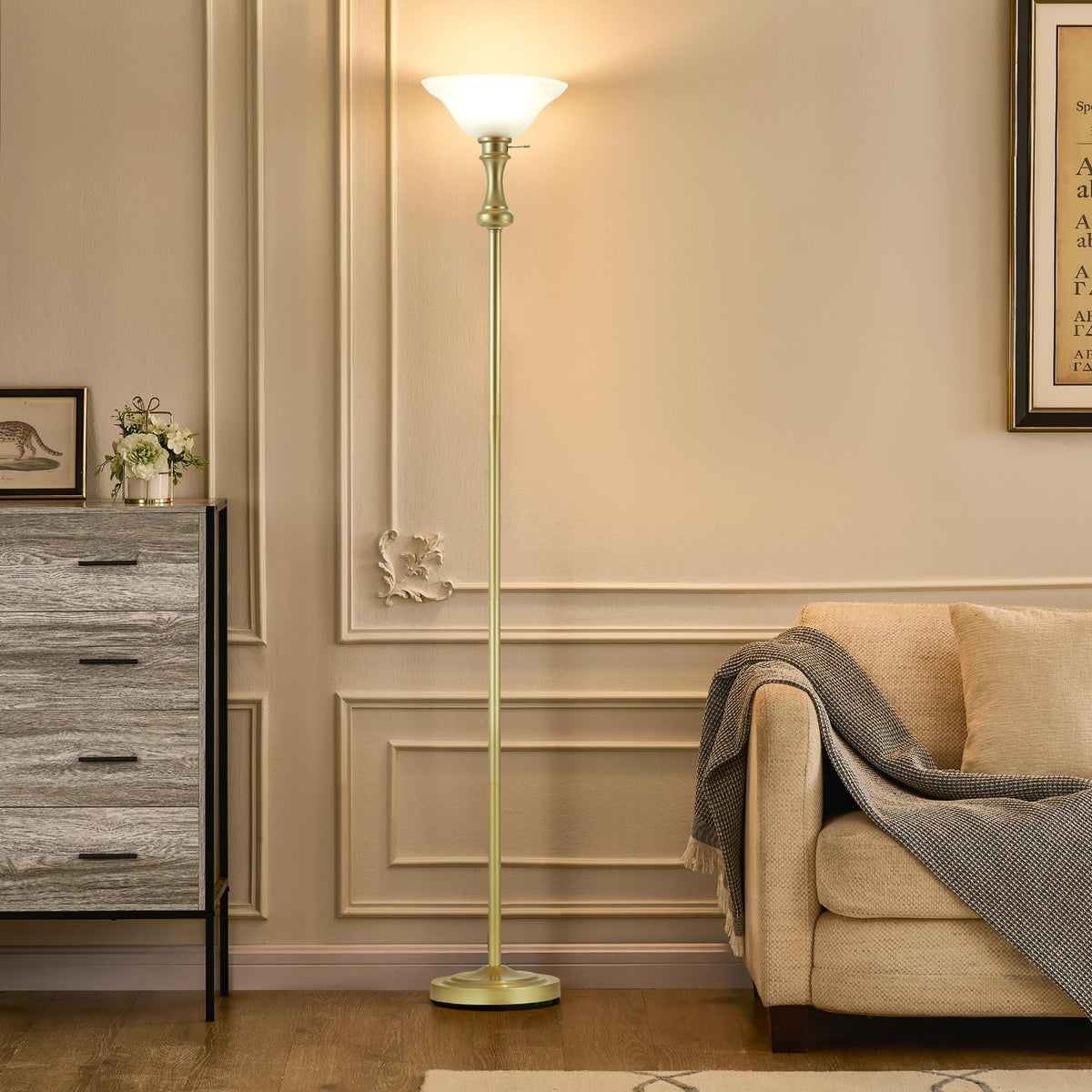 Torchiere Glod Floor Lamp for Living Room with Glass Shade (Gold 1 Head)