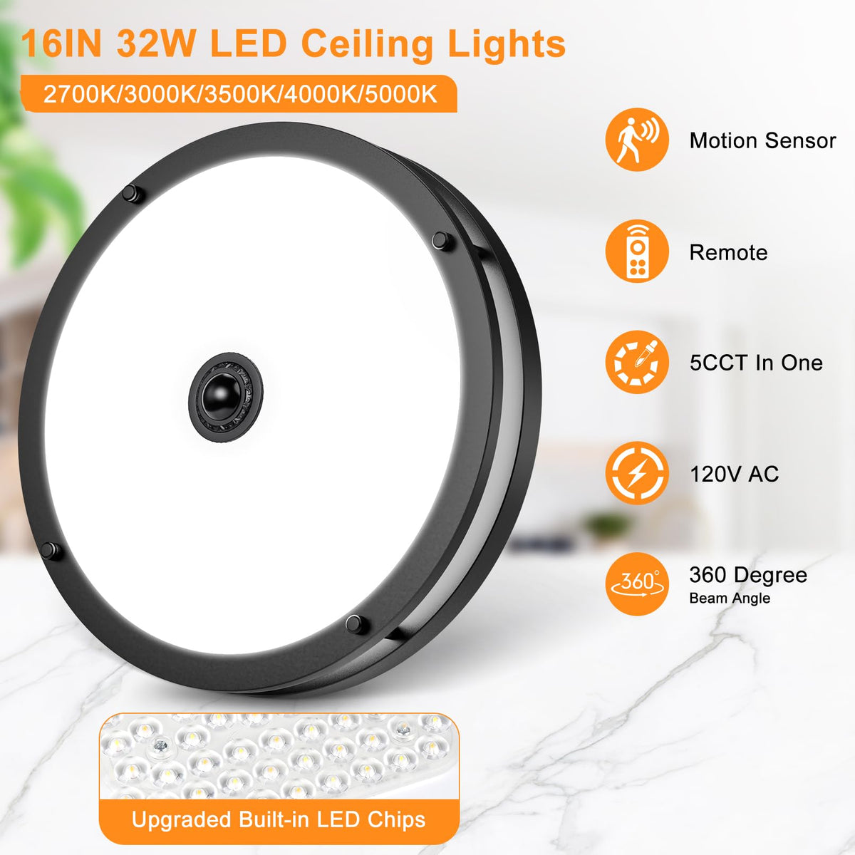 2 Pack 16IN LED Motion Sensor Outdoor Ceiling Light with Remote (Black-Remote Control / 16in)
