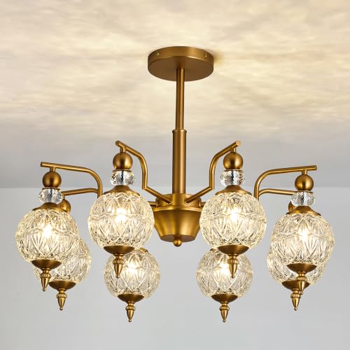 Vintage Gold Sputnik Chandelier 8 Lights Crystal Adjustable Hanging Ceiling Light Fixture Antique Large Pendant Lighting with Glass Globe Shade for Living Room Dinning Room Bedroom Kitchen (Gold / 8 light)