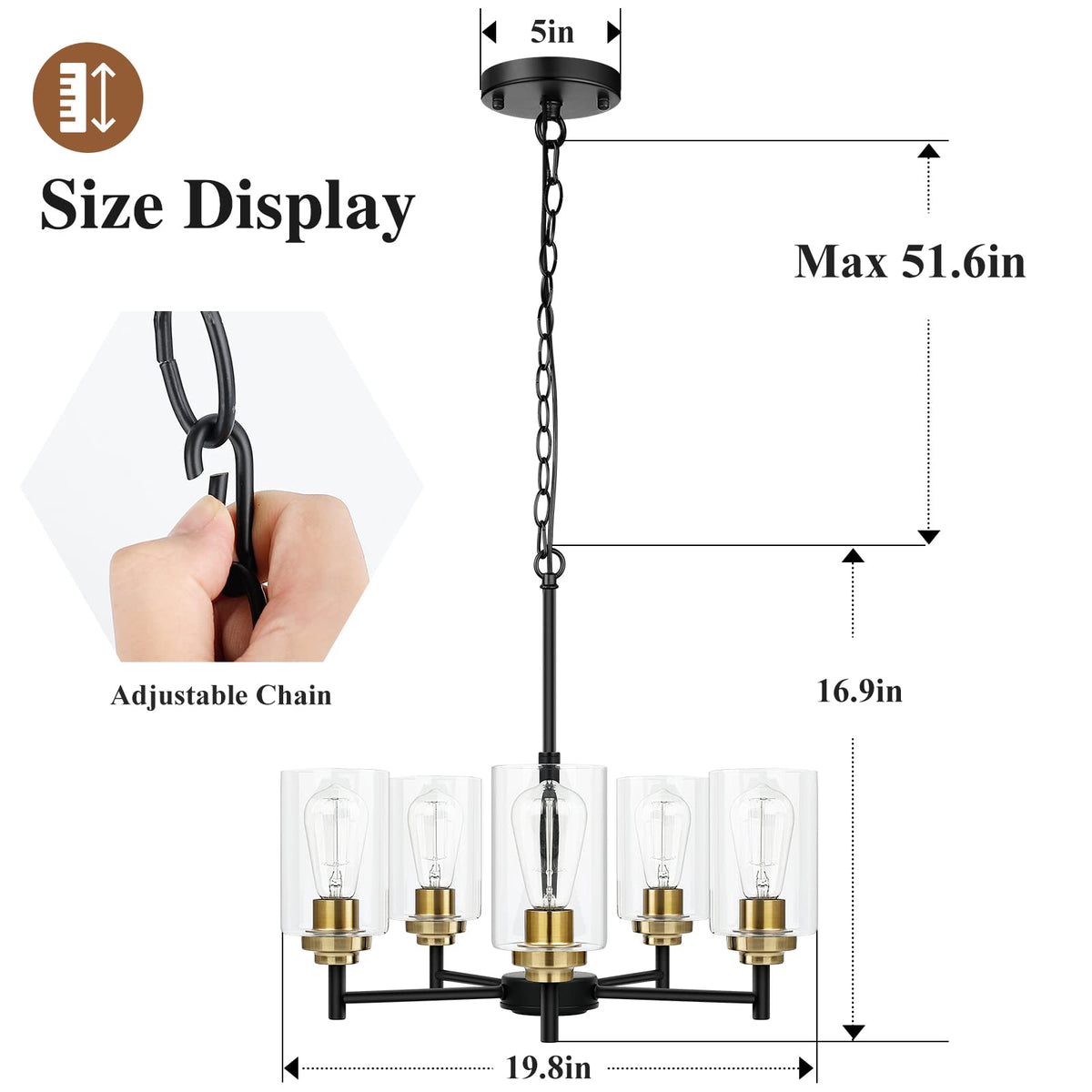 D19.8" Chandelier for Dining Room (Black & Gold / 5-Light D19.8")