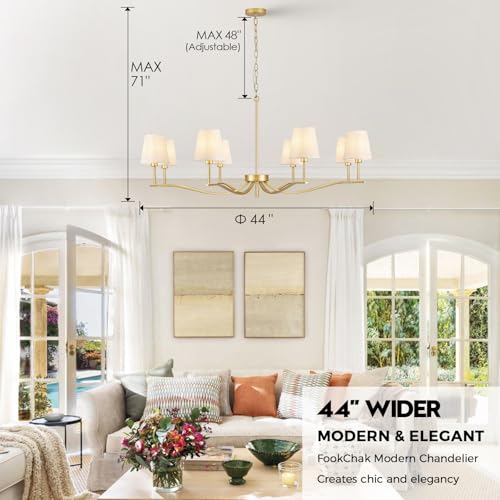 8 Light Brass Gold Chandelier with White Fabric Shade 44'' Linen Dining Room Chandeliers Over Table Kitchen Chandeliers Light Fixture for Living Room Bedroom Entryway Home Office (Gold & Linen / 43.7 inch)