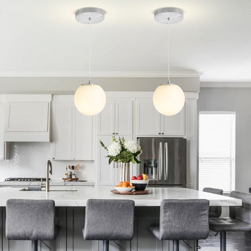 1 Light Modern Globe Pendant Light Fixtures Silver Chandelier with White Globe Glass Dimmable Ceiling Light Glass Pendant Light for Kitchen Island (Silver-White / Globe 1-Light)