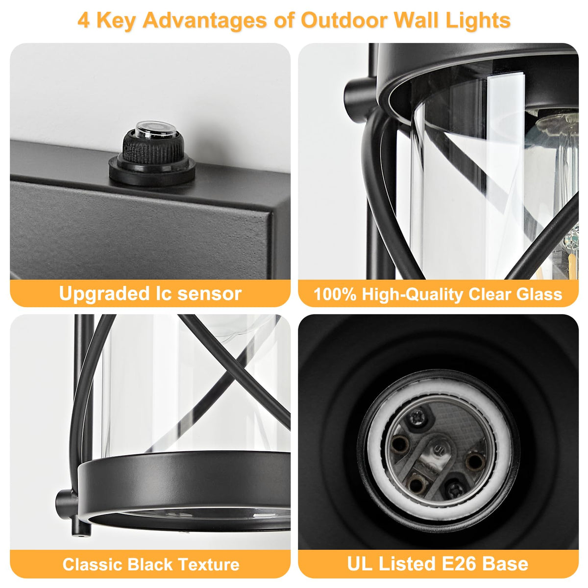 Dusk to Dawn Outdoor Wall Lights Fixtures (Black / 12.8''(2-Pack))