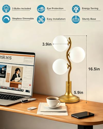 Globe Gold Table Lamp for Bedroom Gift Dimmable G9 3 Bulbs Included (01-Gold-Globe-3-S)