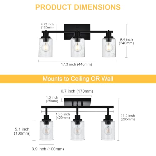 3 Light Black Track Lighting Kit Ceiling Mount Kitchen Track Lighting Fixtures (Black / 3-Light)