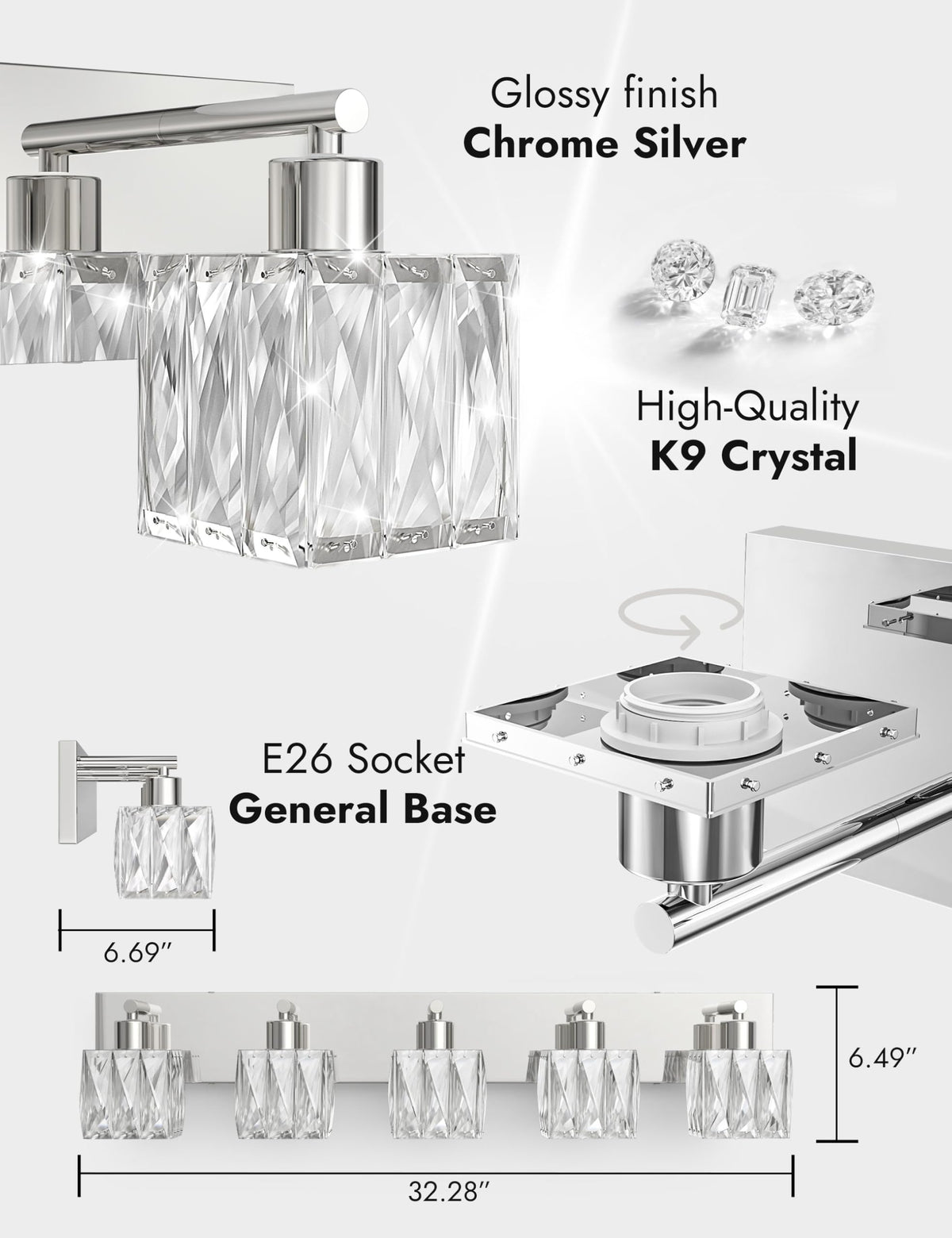 5 Light Crystal Bathroom Vanity Light Square (Polished Chrome-Square / 5 Light)
