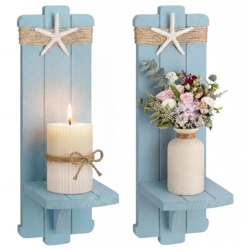 Handmade Wooden Candle Sconces Set of 2 Farmhouse Wall Decor (Blue / 5.3"L x 4.7"W x 16"H)