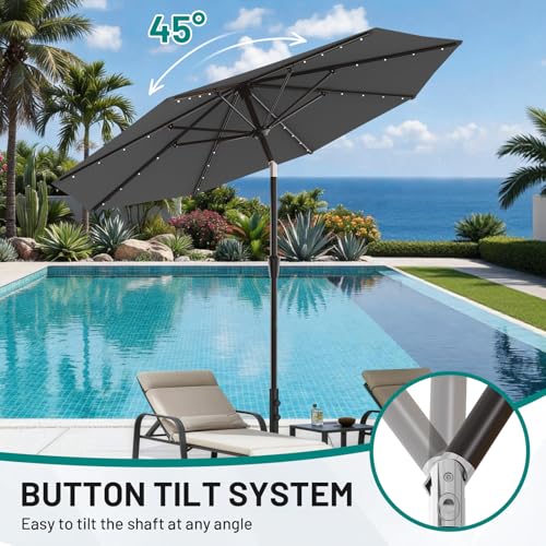 9FT Patio Umbrella with Solar Lights (Gray / 9 FT)