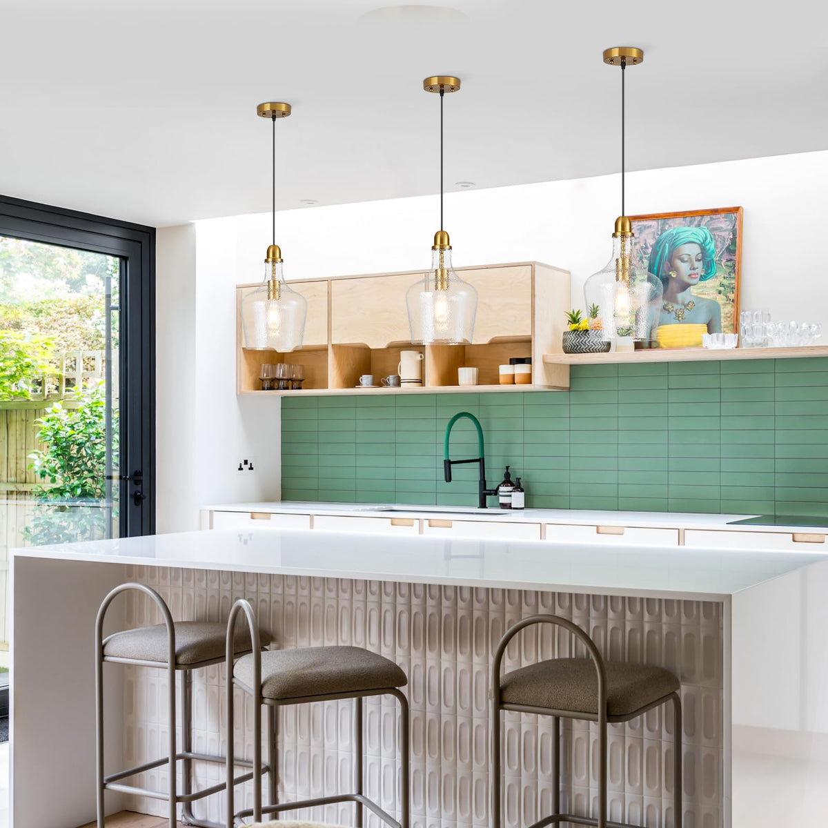 Glass Pendant Light Modern Brass 1 Light Single Dome Pendant Lighting Fixtures for Kitchen Island Dining Room Hallway (Brass-Hammered)