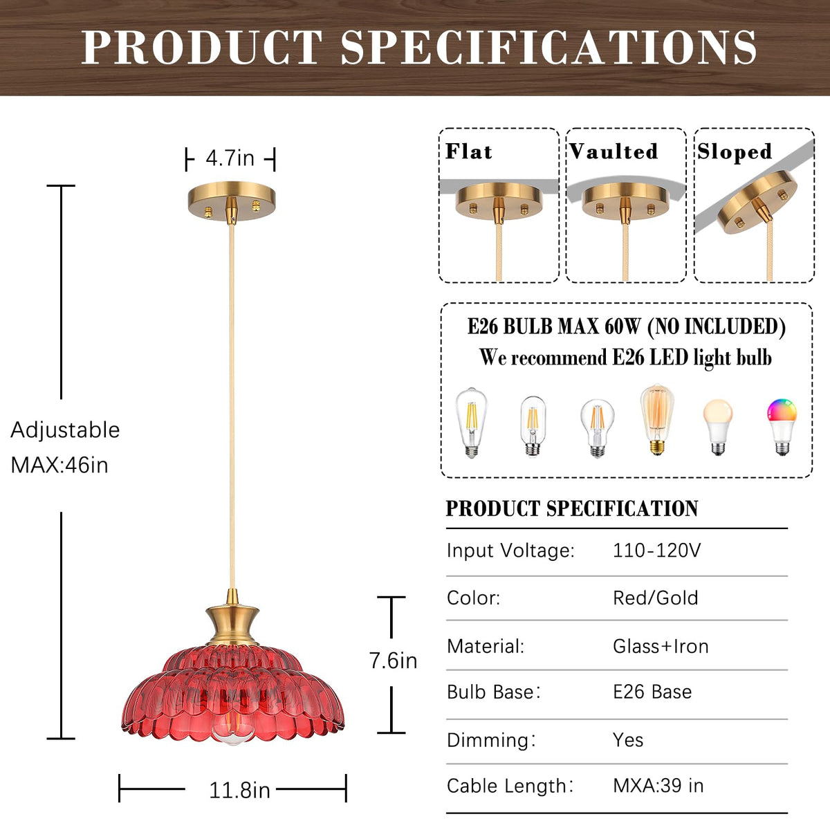 Red Glass Pendant Light (Red / 11.8in/1PC)