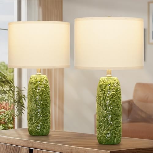 25" Green Ceramic Table Lamps for Living Room Set of 2 with Leaves Design (Green-L)