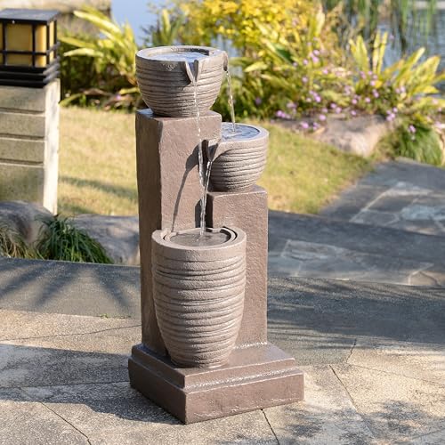 Horizontal Ribbed Pattern Outdoor Water Fountain (Warm Gray)