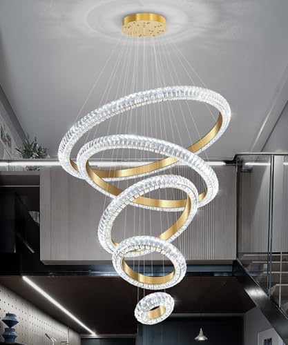 5 Ring Large Crystal Chandelier Modern LED Dimmable High Ceiling Chandelier Ring Contemporary Pendant Light Fixture for Living Room Foyer Staircase Gold D40'' (Gold / 5 Ring Round 40")