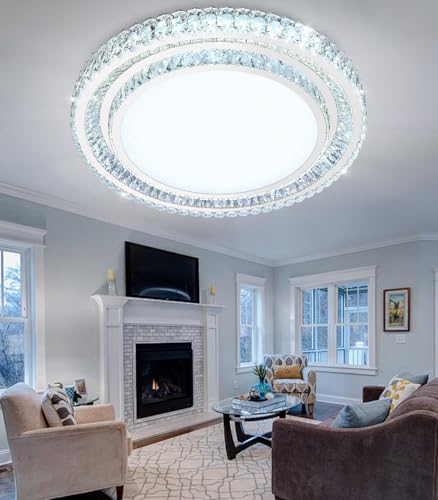 31.4" Dimmable Crystal Chandelier Modern LED Flush Mount Ceiling Light Fixtures for Living Room Bedroom Hallway Kitchen Island Staircase Silver (31.4" Silver)