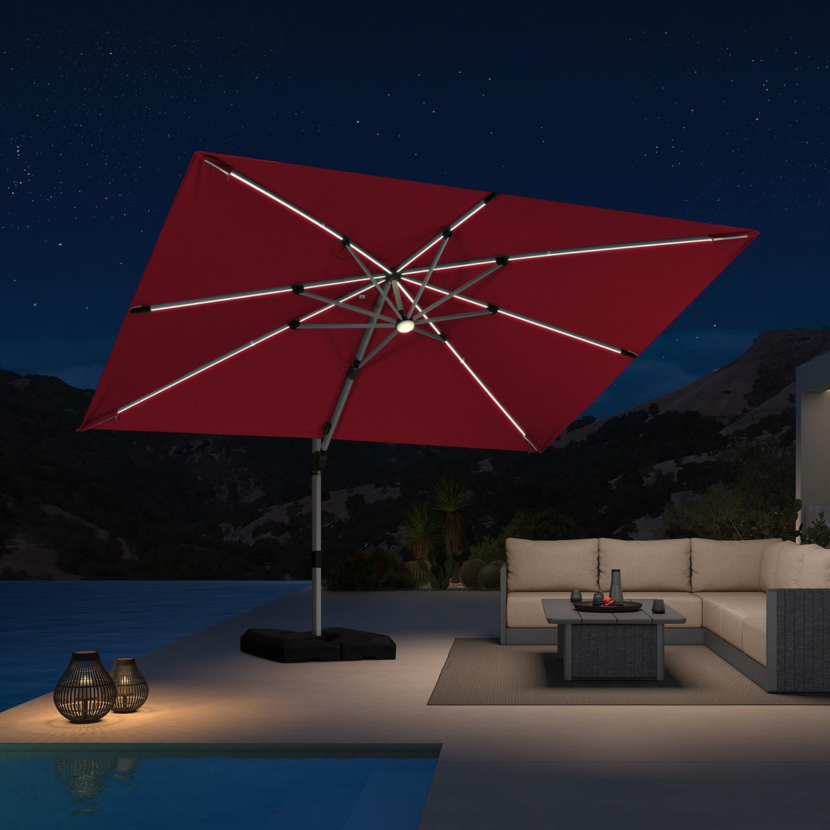 Patio Umbrella with Base Included 9' X 11.5' Solar Light (Terra / 9' X 11.5')