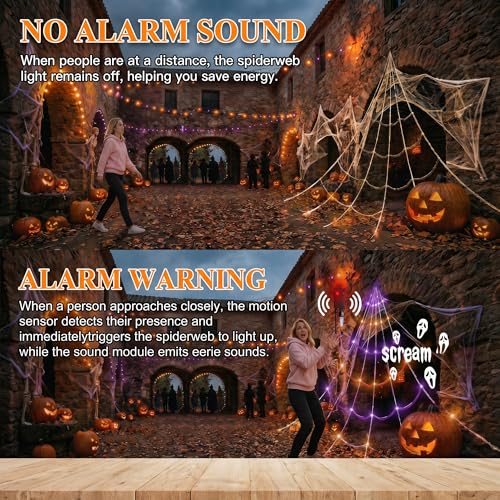 Motion Activated Lighting&Speaking] 20 * 17FT Halloween Spider Web 150 Led Purple&Orange Lights Light Up Lighted Triangular Giant Waterproof with 200sqft Cobweb for Outdoor Decor Yard Decoration (Without giant spider)