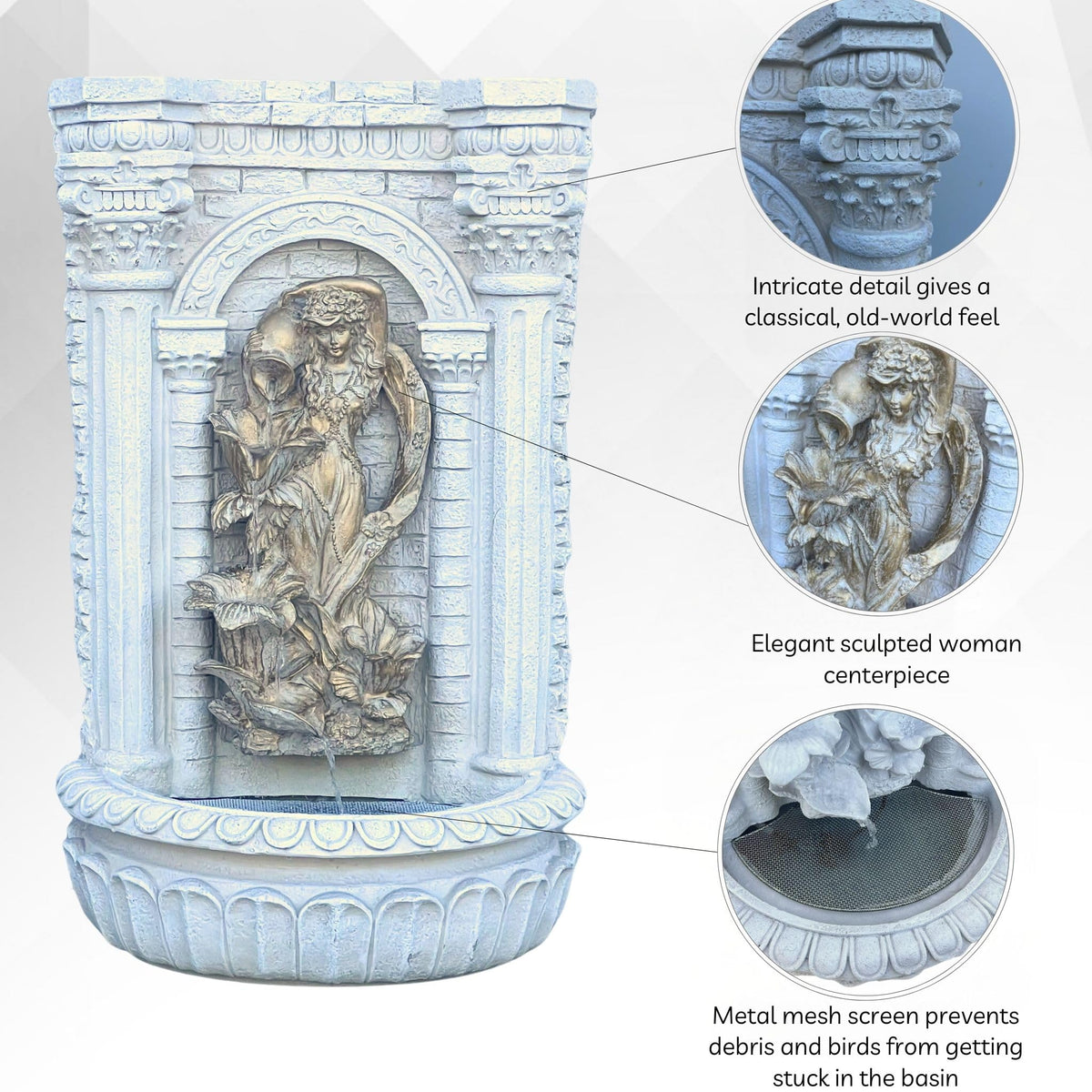 30.3" Solar Powered Wall Fountain with Gold Flower Maiden Statue (Cream White)