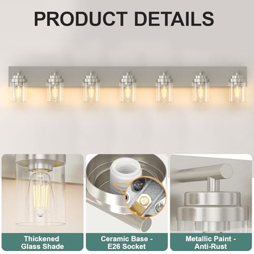 Bathroom Vanity Light Fixture (Nickel-Clear Glass Shade / 52 inch-7-Light)
