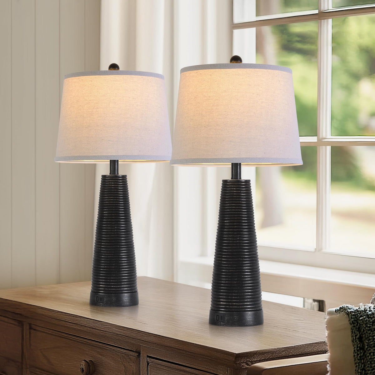 Nightstand Lamp Bedside Lamps Set of 2 Desk Lamp Vintage Rustic Farmhouse Table Lamp 3 Way Dimmable Light (BLACK WITH GOLD / High 24/27 Inch)