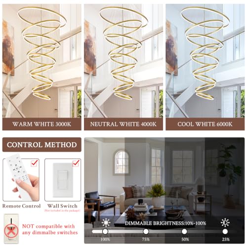 9 Rings D39.4in Modern LED Chandelier Gold Dimmable Foyer Chandeliers Entryway High Ceiling Chandelier with Remote Control for Staircase Entryway Living Room Foyer (Gold / 9 Rings 39.4in)