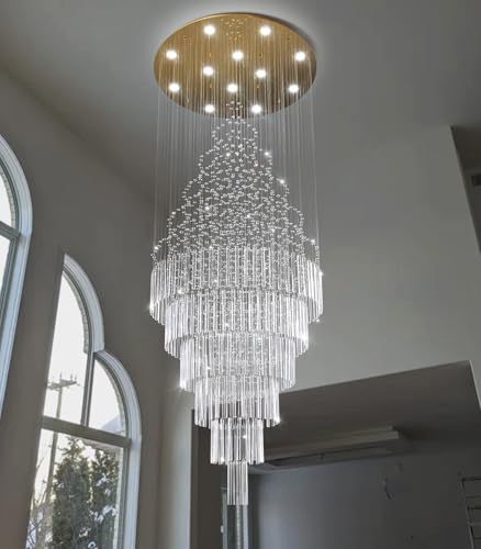 W32 x H100 Glam Chandelier with LED Bulbs Crystal Raindrop High Ceiling Pendant Light for Entrance Large Villa Chandelier Foyer Lighting Fixtures Gold (Gold / Round W32" X H100")