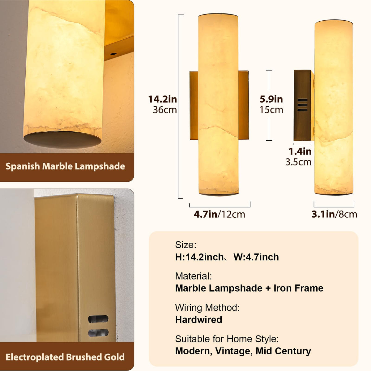 14.2in Alabaster Wall Sconces (Gold-14.2in-1 Pack)