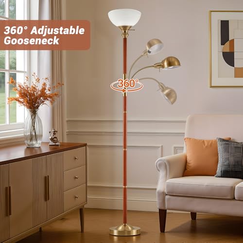 72" Wood Torchiere Floor Lamp with Glass Shade Gold Standing Lamp (Wood Color)