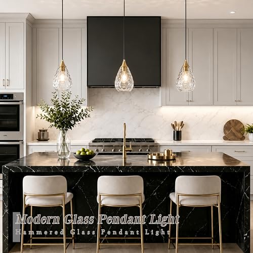 Gold Glass Pendant Lights Kitchen Island 6.3" Pendant Light Hammered Clear Glass 2 Pack Height Adjustable Modern Hanging Pendant Lights for Dining Room Bedroom Hallway Sink Bulbs Incl (Gold, 2 PK / 6.3 Inch)