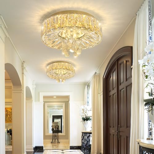 Mini Chandelier Modern Crystal Chandeliers for Hallway LED Flush Mount Ceiling Light Dimmable Light Fixture for Dining Room Living Room Bedroom (Gold / 11.8" Width)