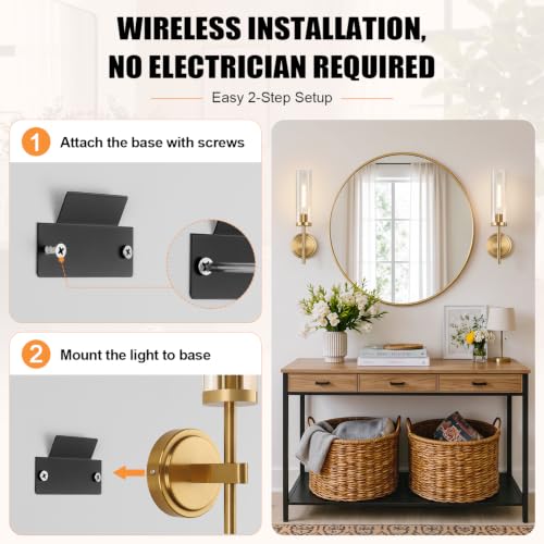 Battery Operated Wall Sconce Set of 2 (Brushed Gold-Battery Operated / 15.5inches(2pcs)-Battery)