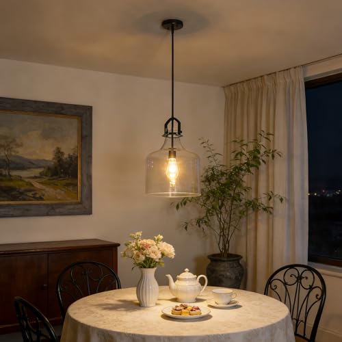 15"H Large Glass Pendant Light Fixtures with Clear Oversized Glass (Black)