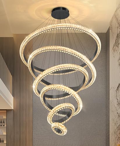 47" 6 Ring Crystal Chandelier Modern LED Dimmable Ring Pendant Light Chandelier for Dining Room Living Room Black (Black / 6 Ring Round 47")