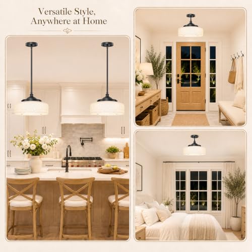 Vintage Pendant Light Over Sink Black Kitchen Island Pendant Light (Black+White Patterned Glass / 12in)