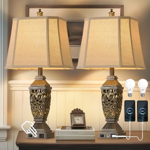 27.5" Touch Control Traditional Table Lamp Set of 2 with USB A+C (Taupe Gold-10 / 27.5")