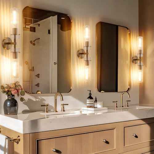 Brass Gold 2 Light Knurled Wall Sconce (Brass-Vertical Striped / 24.4″-1 Pack)
