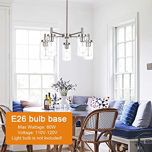 Contemporary 5 Light Large Chandeliers Modern Clear Glass Shades Pendant Lighting Brushed Polished Nickel Dining Room Lighting Fixtures Hanging Adjustable Wire Semi Flush Ceiling Lights (Brushed Ni...