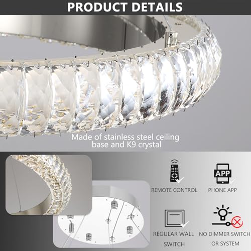 40" 1 Ring Crystal Chandelier Modern LED Dimmable Ring Pendant Light Chandelier for Dining Room Living Room Silver (Silver / 1 Ring Round 40")
