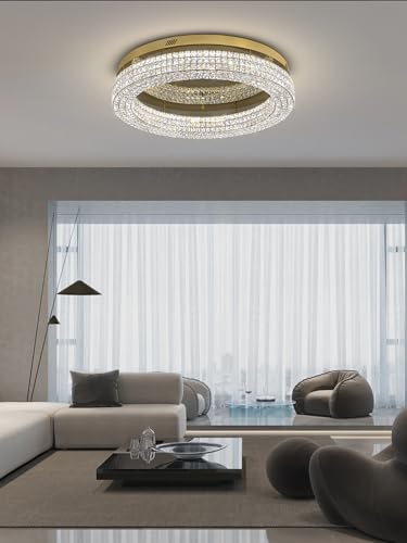 32'' Modern Chandeliers for Living Room Crystal Chandelier Flush Mount Ceiling Light Fixture for Dining Room Living Room Bedroom Dimmable 2700 (Gold / Dia 32inch)