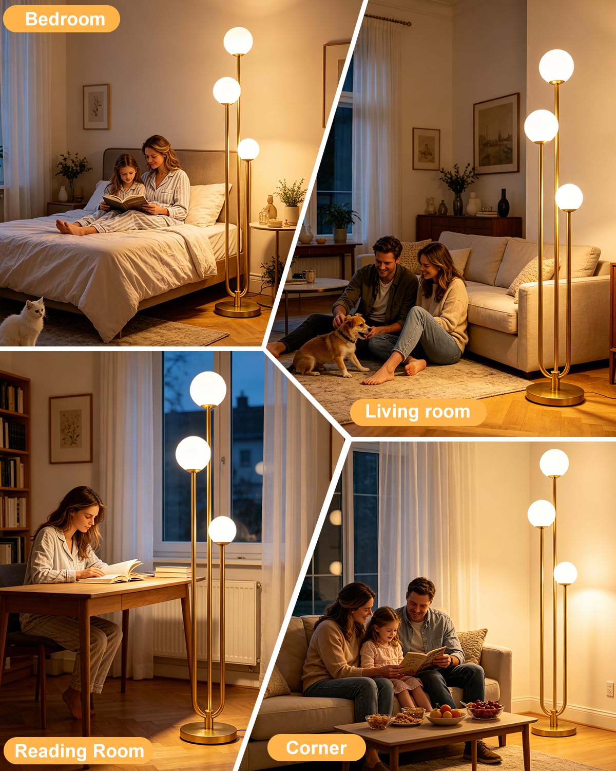 3 Light Dimmable Globe Floor Lamp (Gold-3U)