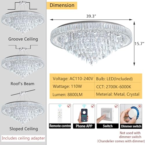 Crystal Chandeliers Modern LED Dimmable Flush Mount Ceiling Chandeliers for Living Room High Ceiling Entrance Foyer Bedroom Dining Room (Silver / 39.3" Width)