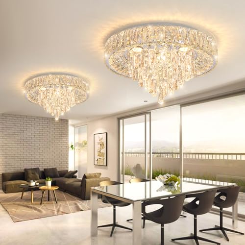 Modern Crystal Chandeliers for Dining Room LED Light Fixture Close to Ceiling Chandelier Flush Mount Ceiling Light Dimmable Lamp with Remote for Living Room Bedroom Hallway 2700K 6000K (Silver / 19.7" Width)