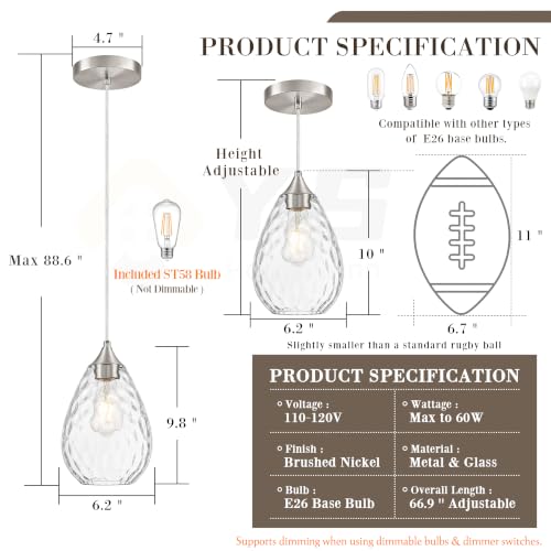Nickel Glass Pendant Lights Kitchen Island 6.3" Pendant Light Hammered Clear Glass 2 Pack Height Adjustable Modern Hanging Pendant Lights for Dining Room Bedroom Hallway Sink Bulbs Incl (Nickel, 2 PK / 6.3 Inch)