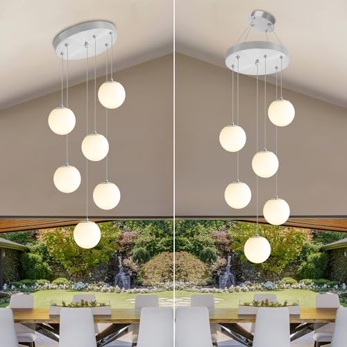 6 Light Silver Chandelier with White Globe Glass Dimmable Ceiling Light Glass Pendant Light for Kitchen Island (Silver-White / Globe 6-Light)