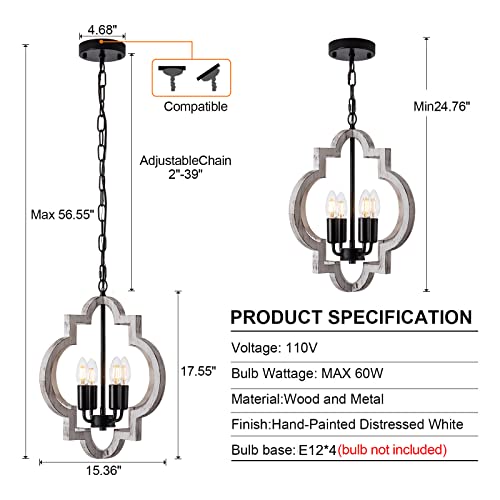 4 Light 15" Farmhouse Orb Chandelier Rustic Handmade Distressed White Wood Hanging Ceiling Pendant Light Fixture Wood Lantern Chandeliers for Dining Room Kitchen Bedroom Foyer Hallway (Textured-White / D15" x H17" 4-Light)