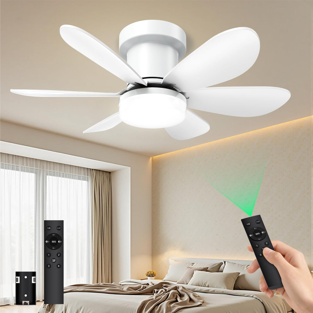 20 Inch White Low Profile Ceiling Fans with Lights and Remote (White / 20 Inch)