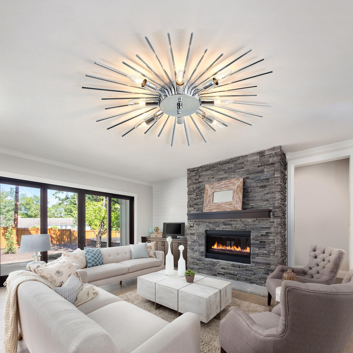 Semi Flush Mount 8 Light Ceiling Light Modern Metal Ceiling Lighting Chrome Light Fixture Chandelier for Farmhouse Kitchen Dining Room Bedroom Hallway Living Room (Silver)